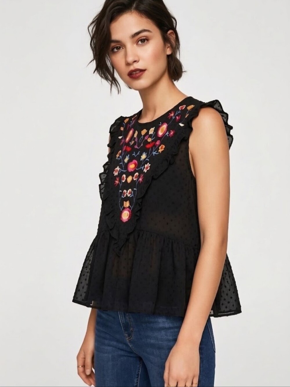 ZARA Embroidered Boho Floral Ruffle Peplum Top Embroidered Size S - Picture 1 of 9